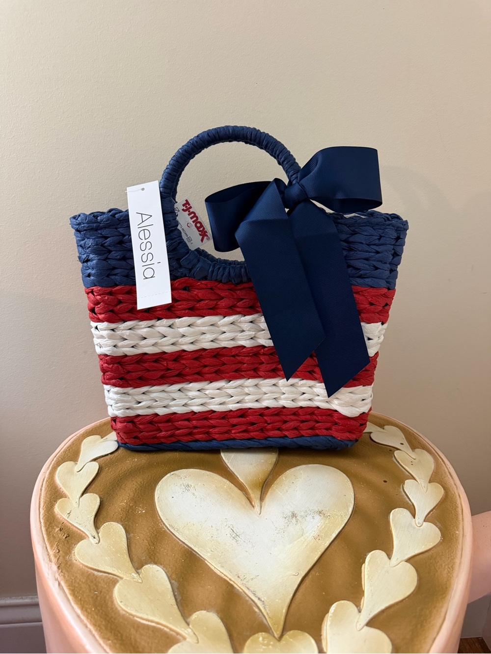 Alessia 4th of July Patriotic Wicker American Flag Tote Purse Bag with Bow